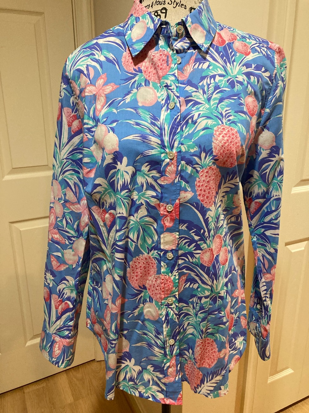 Talbots Blue Tropical Pineapple Button-Down Shirt
